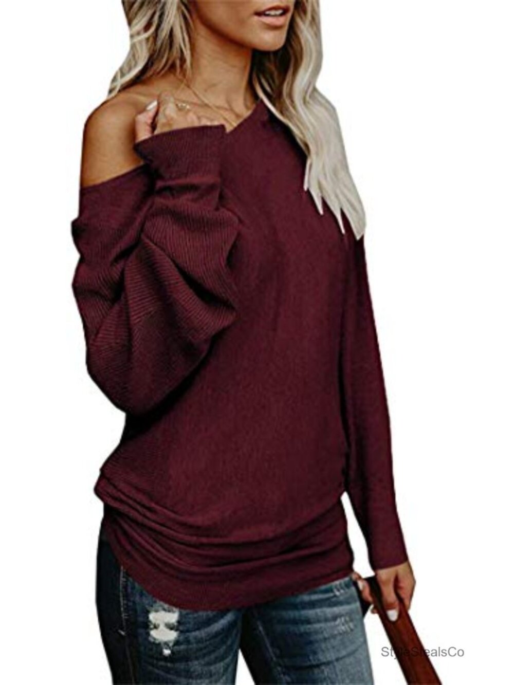 Off The Shoulder Oversized Knit Sweater Batwing Sleeve Tunic Top